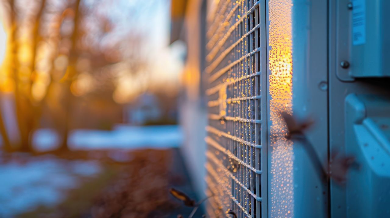 Close-up of a metal fence with morning dew, bathed in warm sunrise light. Blurred background shows trees and a snowy ground.