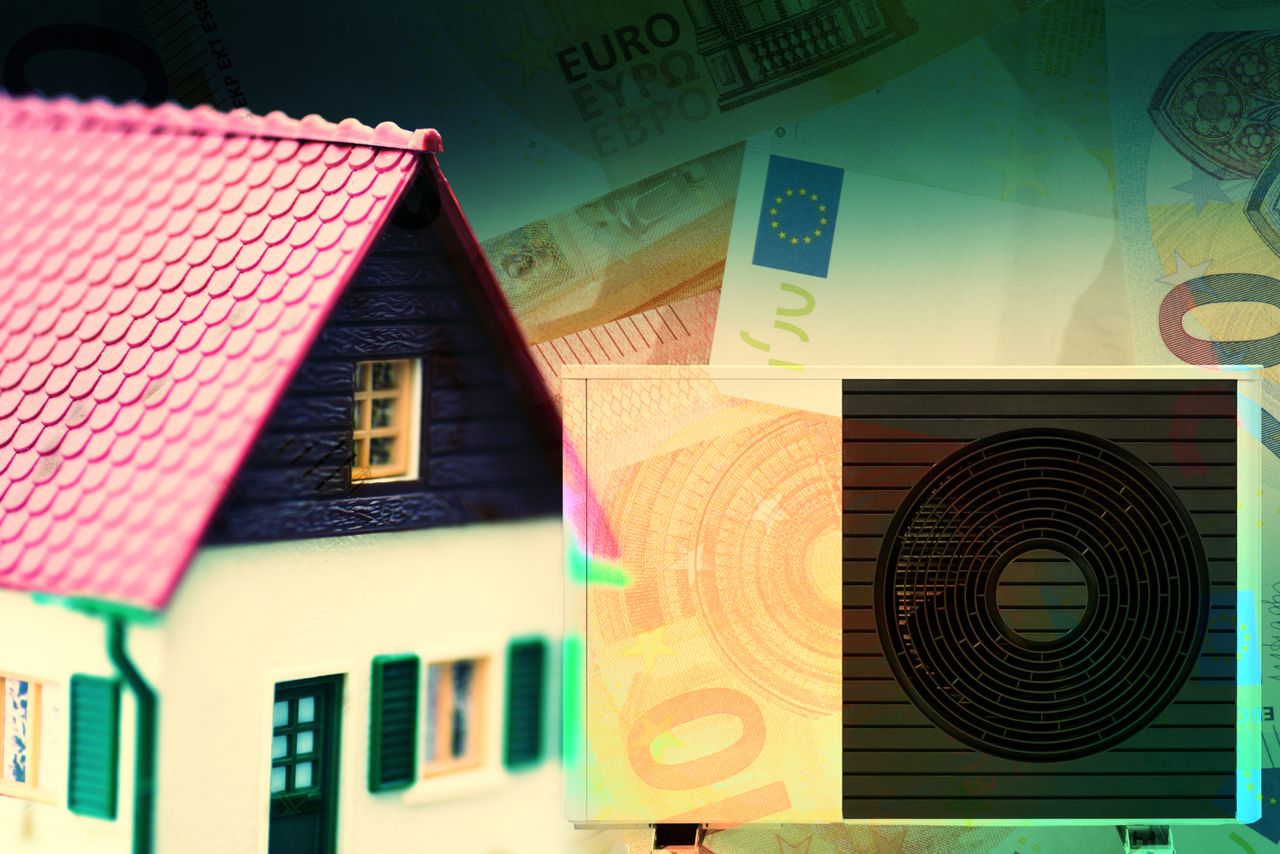 a heatpump in front of a house and in the background are euro bills