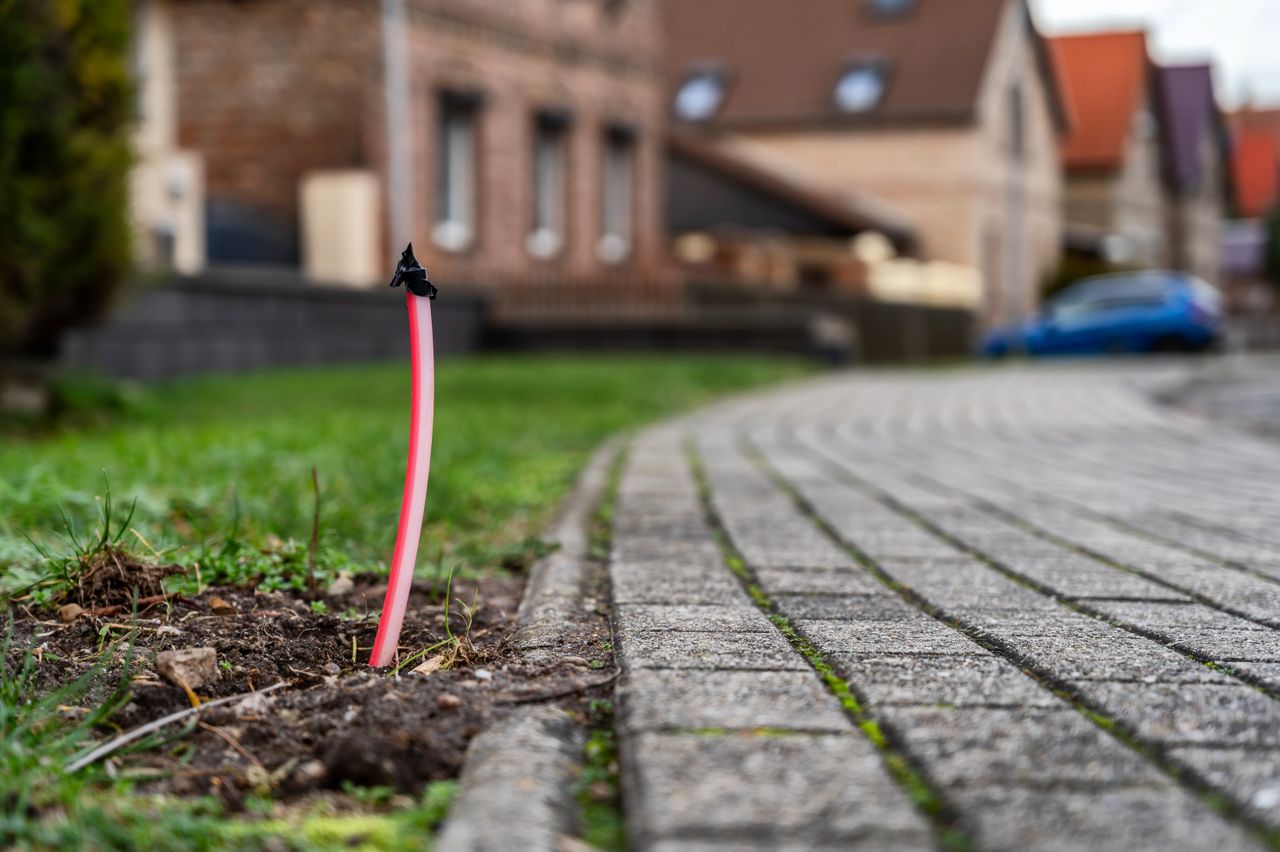 fiber cable sticking out of the ground next to a pavement in an suburban area