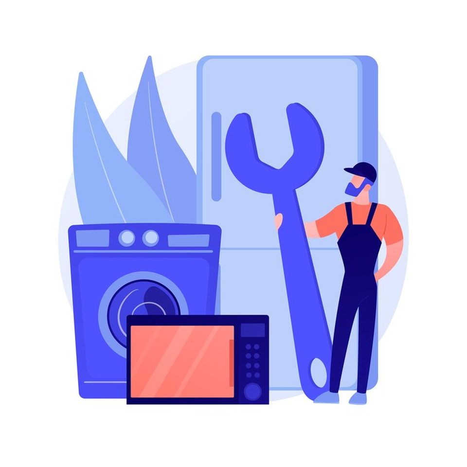 Illustration of a repairman holding a large wrench, standing beside a refrigerator, washing machine, and microwave, with abstract leaves in the background.