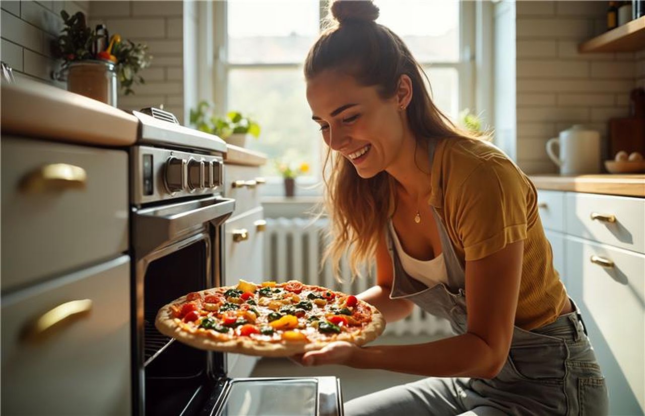 Fröhliche Frau holt Pizza aus dem Backofen
