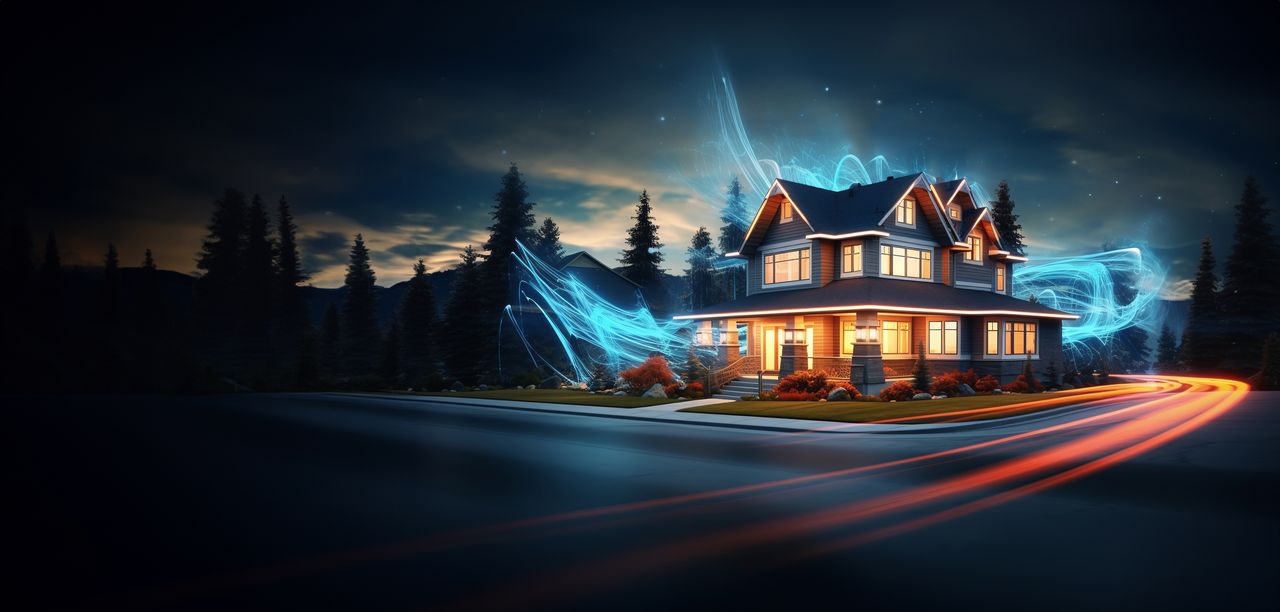 Illustration of a house in the late evening with lights coming out of the house