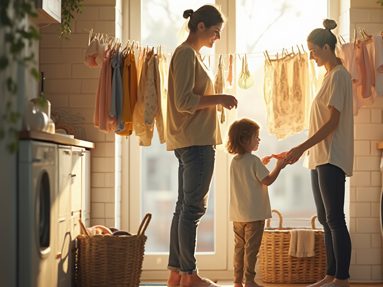 Two adults and a child stand in a sunlit room with laundry hanging. A washing machine and baskets are nearby, creating a warm, homey atmosphere.
