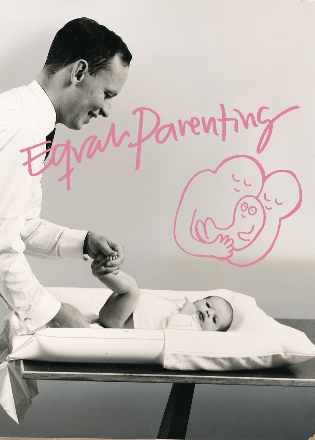 Björn at BabyBjörn smiling while changing a baby's diaper, with "Equal Parenting" text and a pink illustration of a family embracing.