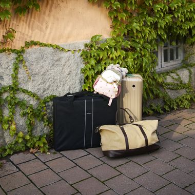 Luggage, including a black bag, tan duffel, suitcase, and pink backpack with plush toys, sits against an ivy-covered wall and brick pavement.