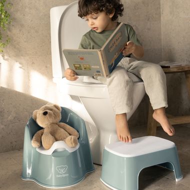 A child sits on a toilet reading a book, with a teddy bear on a potty and a step stool nearby in a cozy bathroom.