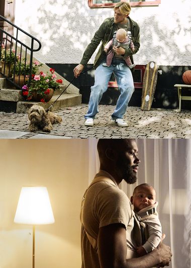 Two images: Top shows a person with a baby in a carrier, walking a small dog. Bottom shows a person holding a baby indoors near a lamp.