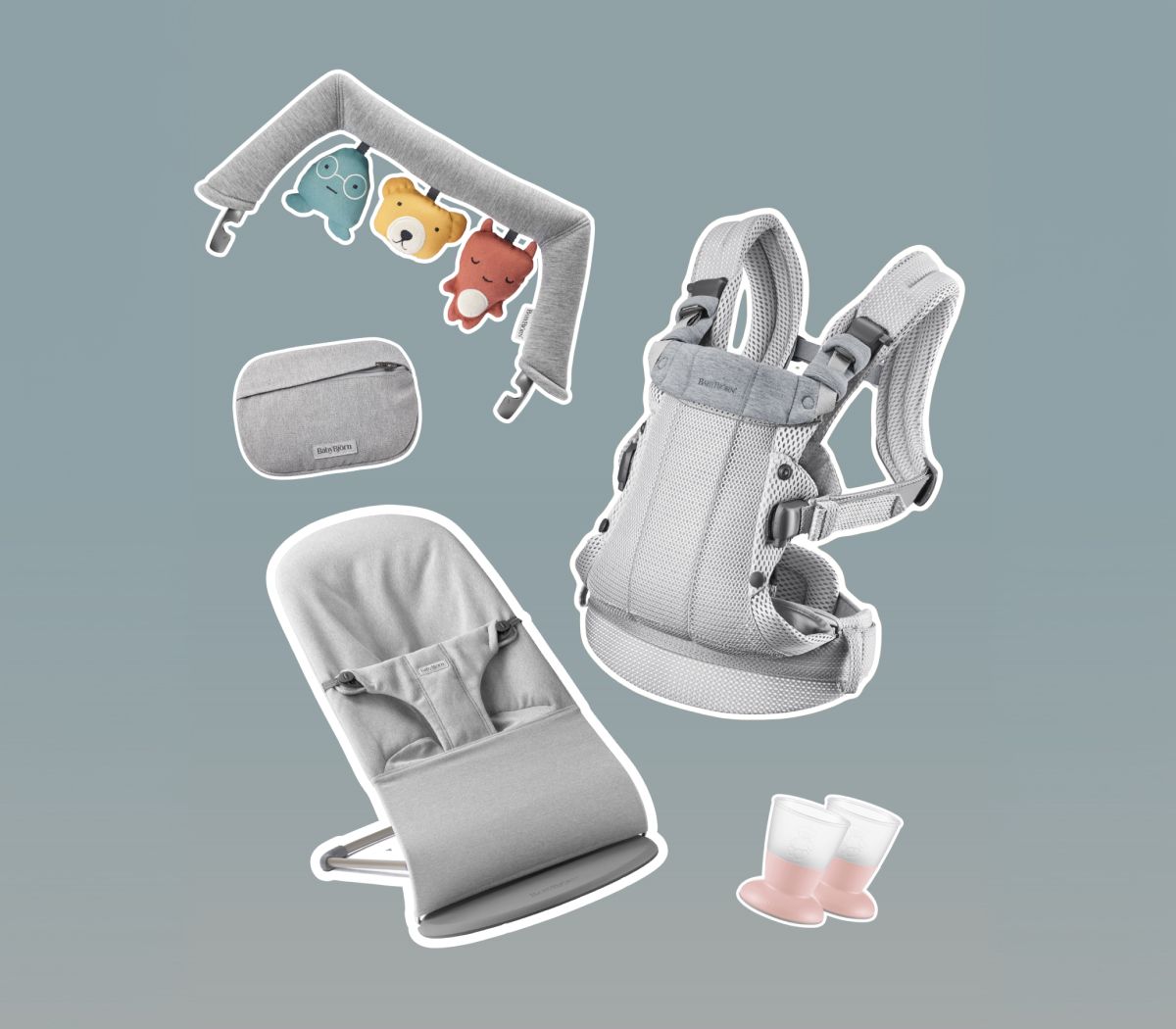 Baby care set with a carrier, bouncer, hanging toys, pouch, and two sippy cups, all in coordinated pastel gray and colorful accents.