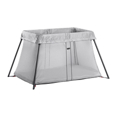 Gray mesh travel crib/playpen with padded top rail and angled metal frame legs.