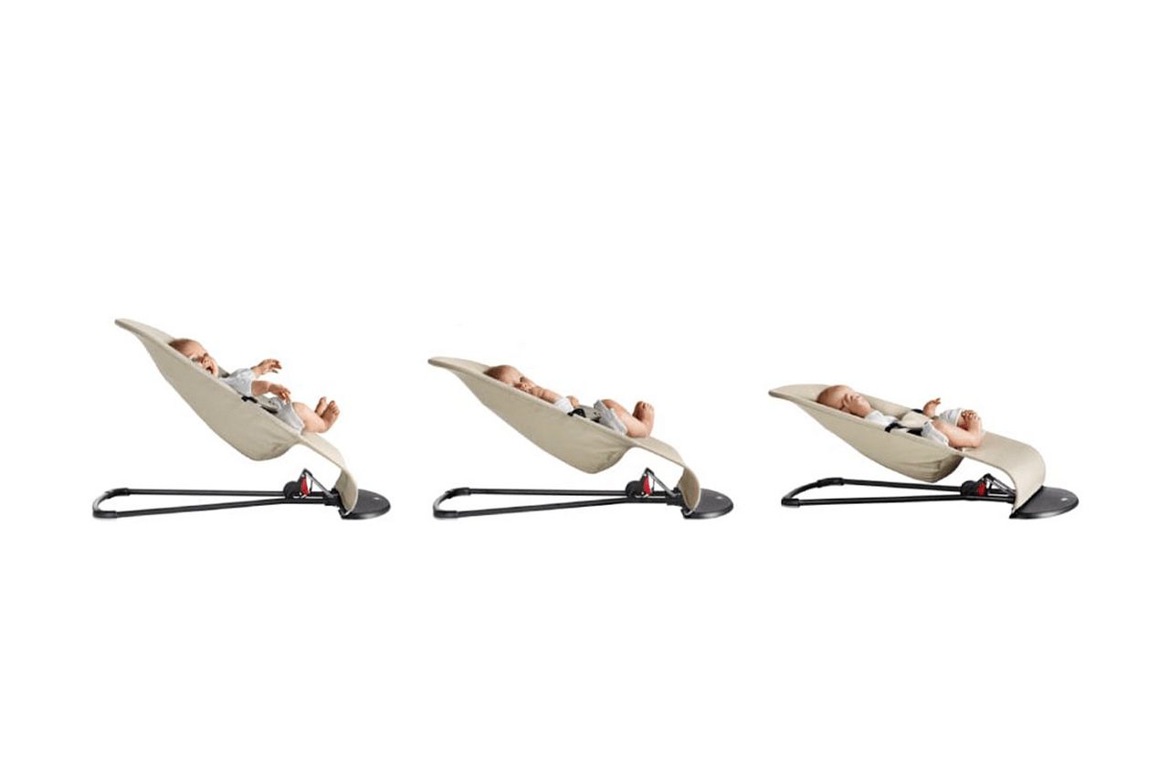 Three stages of a baby in a beige adjustable baby bouncer, showing different recline positions on a black frame.