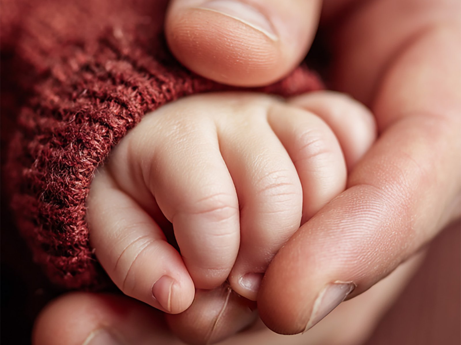 Close-up of an adult hand gently holding a newborn's tiny hand in a red knit sleeve.