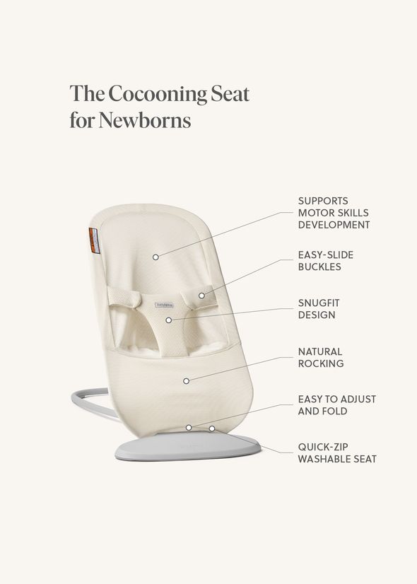 Beige cocooning seat for newborns with features: motor skills support, easy-slide buckles, snug fit, natural rocking, washable, adjustable.