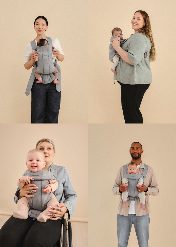Four adults of diverse backgrounds each carrying a baby in a front-facing carrier against a neutral background.