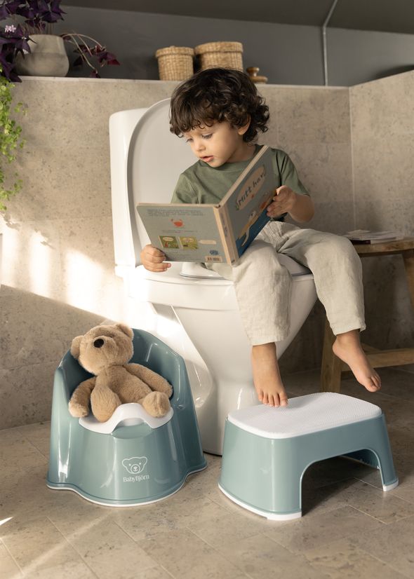 A child reading a book while sitting on a toilet, with a teddy bear on a potty and a step stool nearby in a bathroom.