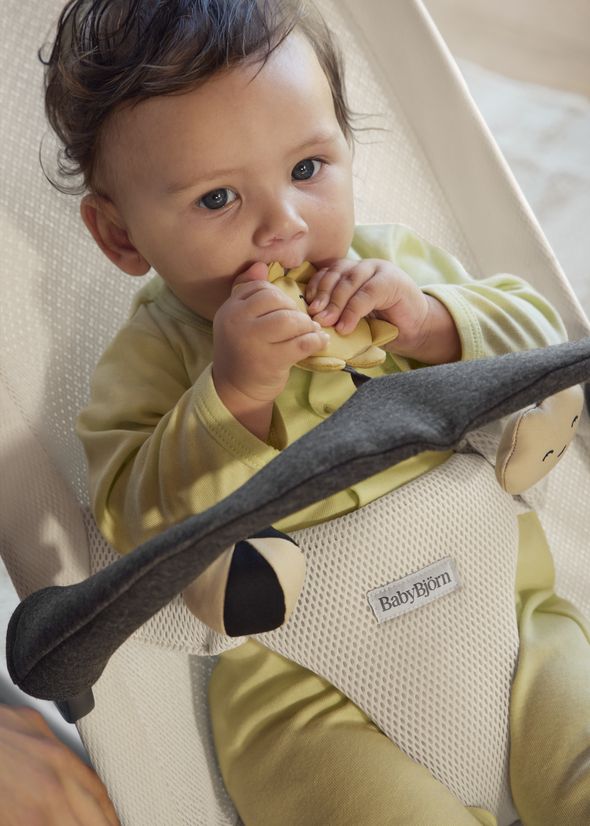 Baby in a light green outfit sitting in a BabyBjörn seat, chewing on a soft toy with attentive eyes.