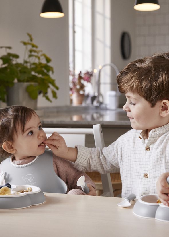 Mealtime set with divided plate, baby cutlery and a bib with spill pocket - BabyBjörn