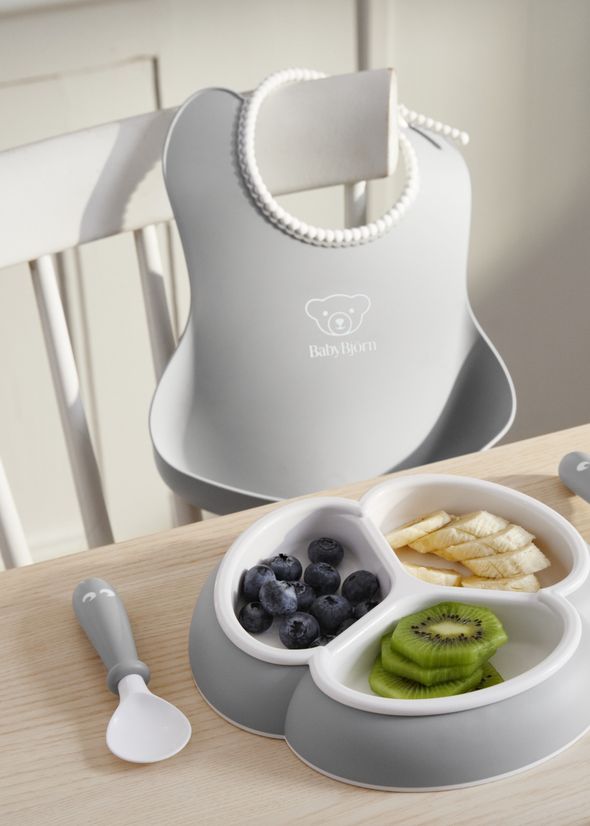 Mealtime set with divided plate, baby cutlery and a bib with spill pocket - BabyBjörn