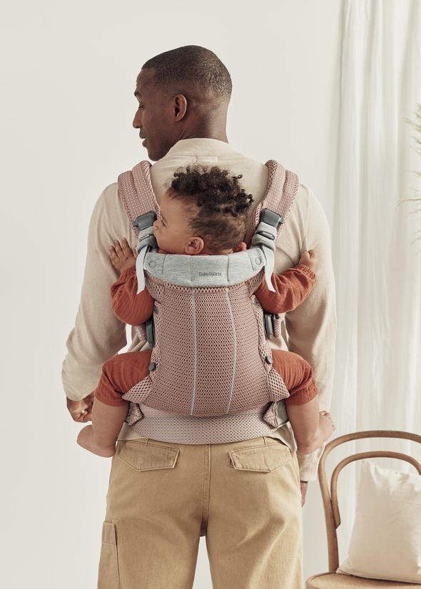 A man stands with his back to the camera, carrying a baby in a pink baby carrier. The baby is looking to the side, wearing an orange outfit.