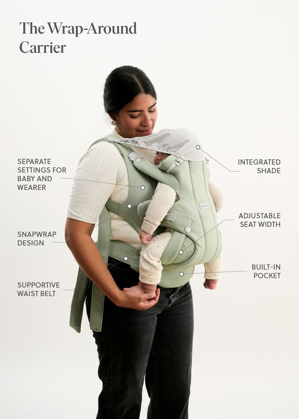 A woman smiles at a baby in a green wrap carrier with adjustable features, an integrated shade, and a built-in pocket, against a plain background.