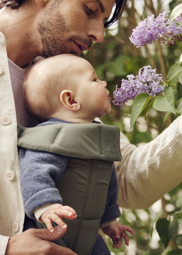 A man holds a baby in a carrier, both leaning towards lilac flowers on a bush, with the baby reaching out and appearing to smell them.