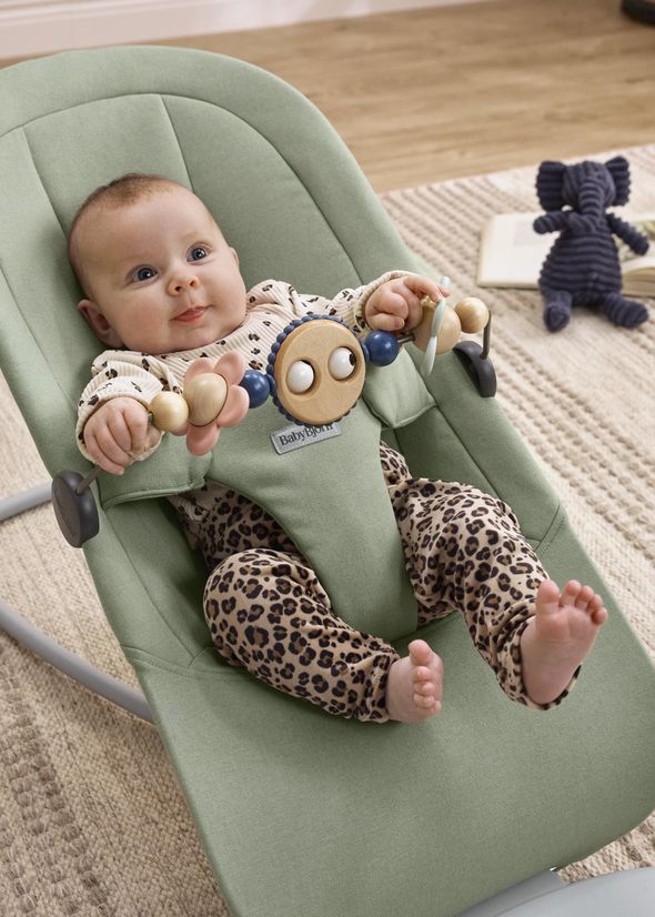 A baby in a green bouncer, wearing a patterned outfit, plays with a toy bar. A plush elephant sits on a book in the background.