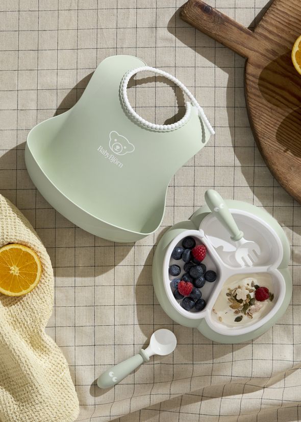 Mealtime set with divided plate, baby cutlery and a bib with spill pocket - BabyBjörn
