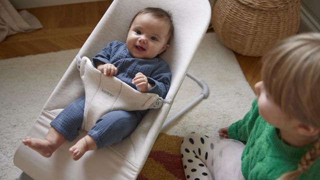 Baby Bouncer Bliss baby and older sibling