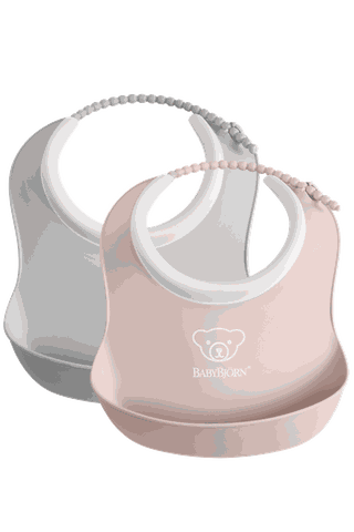 Small baby bib with spill pocket, gray and powder pink - BabyBjörn