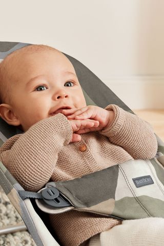 Bouncer Bliss in Khaki-Green cotton - happy baby