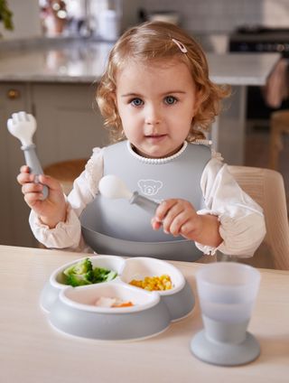 ezpz Mini Utensils (Fork & Spoon in Blue) - 100% BPA Free Fork and Spoon  for Toddlers First Foods + Self-Feeding - Designed by a Pediatric Feeding