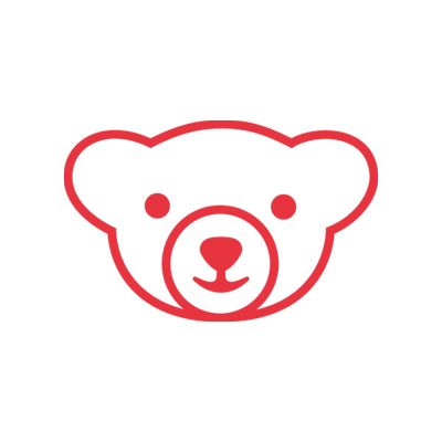 Red outline of a teddy bear's face, with simple features and rounded ears, on a white background.