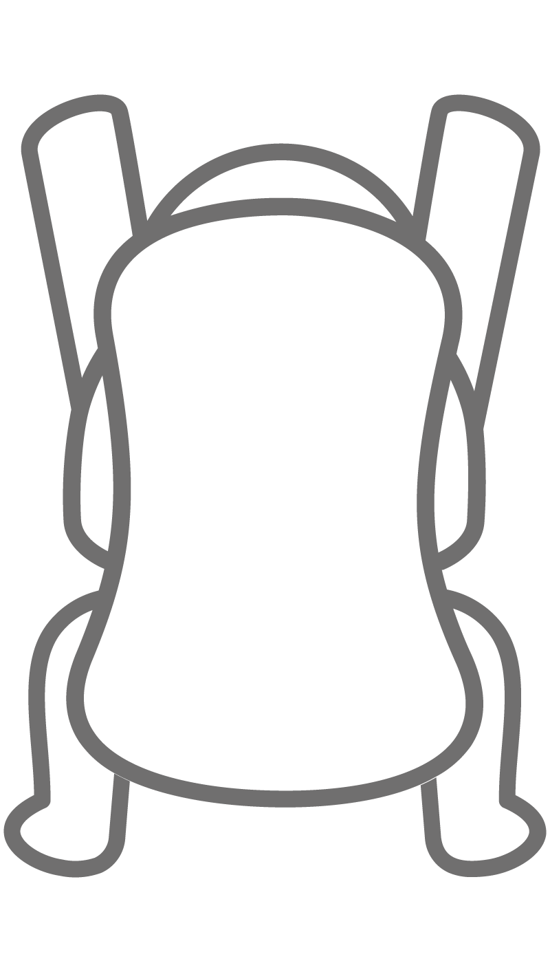 Simple line drawing of a backpack with two straps and two side pockets, viewed from the front.