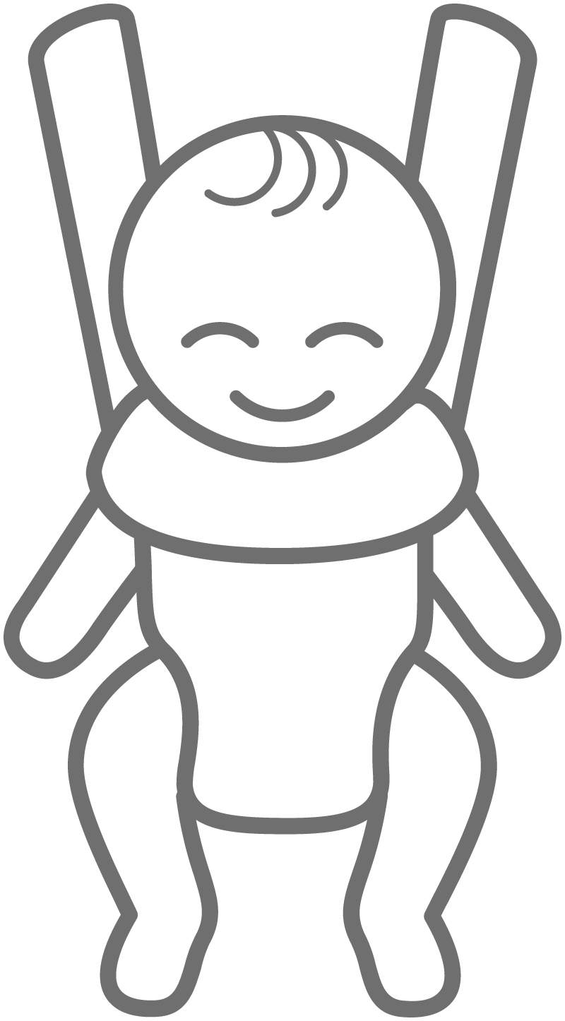 Outline of a smiling baby in a carrier, with legs and arms extended, and a swirl of hair on its head.