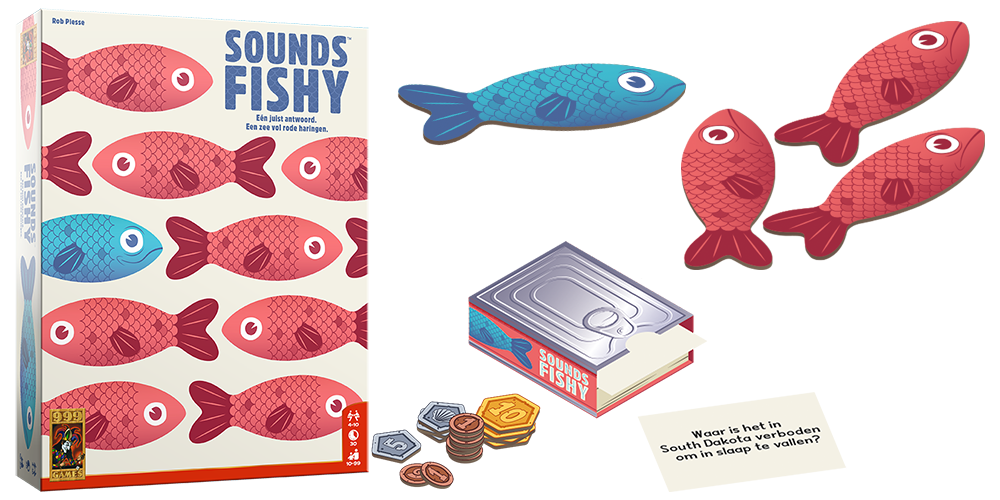 Op deze afbeelding zie je de doos en het speelmateriaal van het partyspel Sounds Fishy