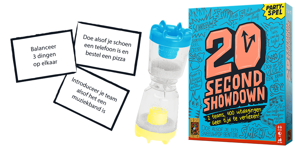 Op deze afbeelding zie je de doos en het speelmateriaal van het partyspel 20 Second Showdown