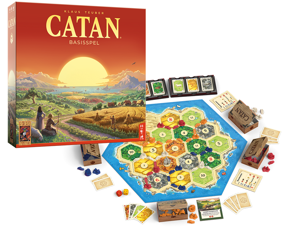 Box and components of the Catan board game, including resource cards, dice, and a hexagonal board with settlements and roads.