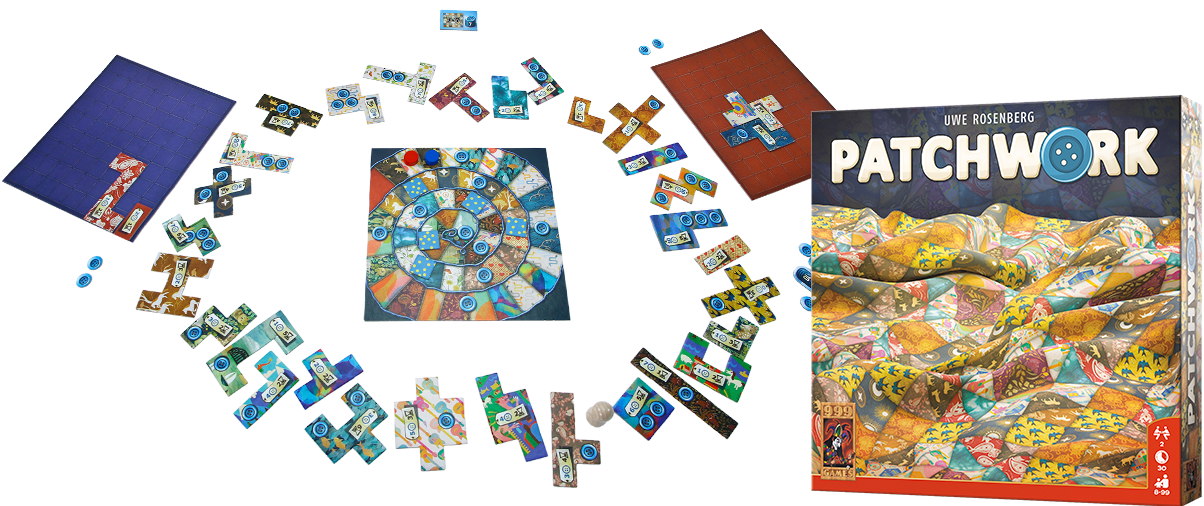 Onderdelen van het bordspel Patchwork, met een kleurrijke doos, twee spelersborden, een centraal tijdbord en verschillende lapjesstukken die eromheen zijn neergelegd.