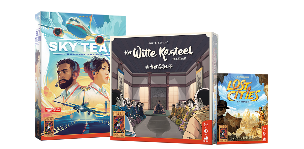 Drie bordspellen: “Sky Team” met piloten, “Het Witte Kasteel” met een ontmoeting tussen samoerai en “Lost Cities”, waarop ontdekkingsreizigers te zien zijn.