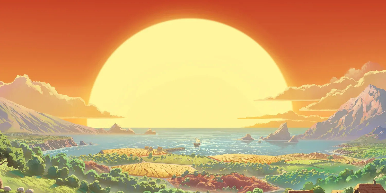 A vibrant landscape with a large sun setting over the ocean, surrounded by mountains, fields, and a small boat on the water.