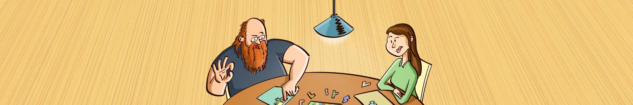 Cartoon van 2 spelers die een competitief bordspel spelen