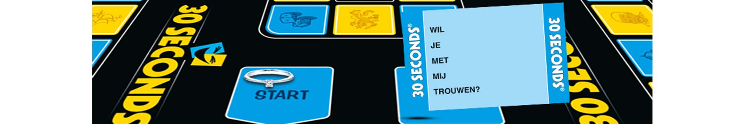 banner met het speelbord van 30 seconds en een kaartje van 30 seconds met de woorden: wil je met me trouwen