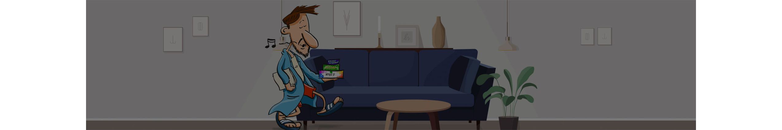 een banner met een cartoon van iemand die in zijn eentje spellen gaat spelen