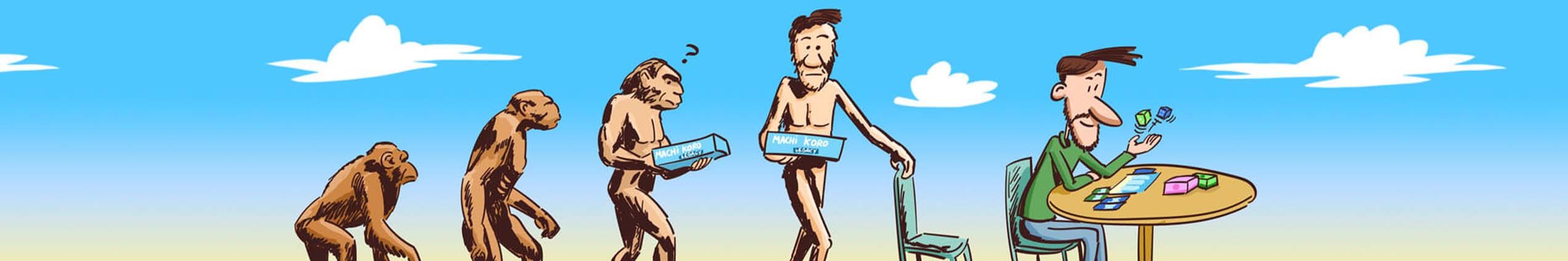 je ziet een banner met een cartoon waar de aap evalueert naar een mens die een spel speelt