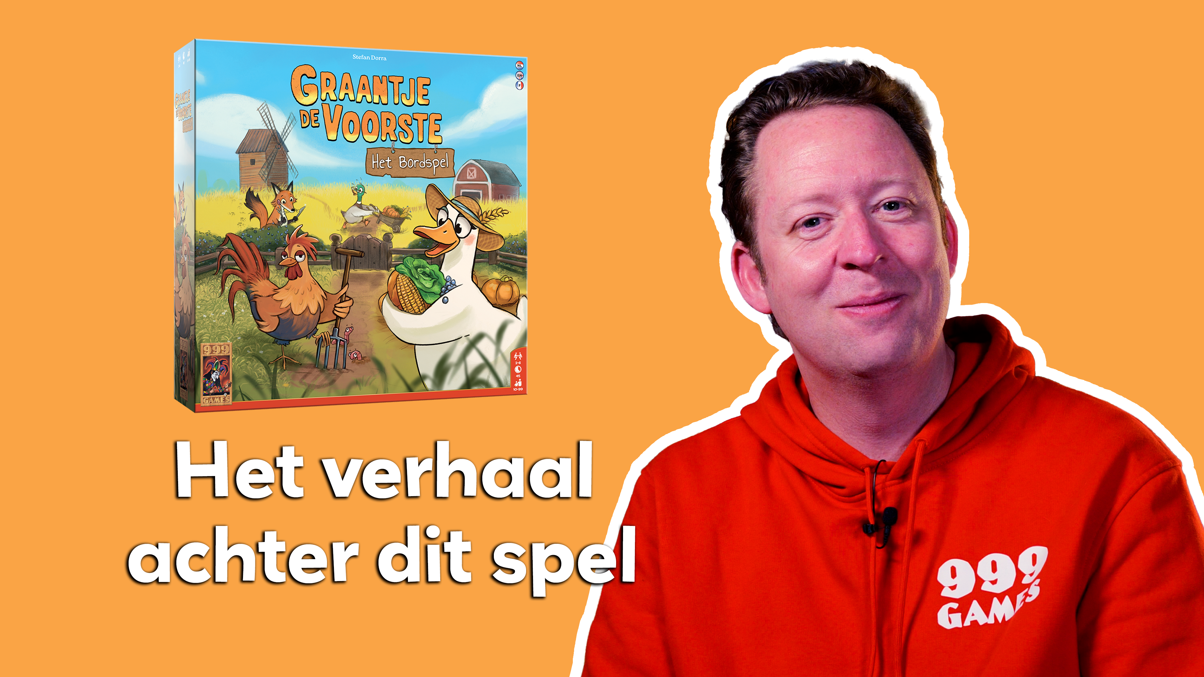 Bert Calis, spelontwikkelaar, naast Graantje de Voorste Het Bordspel op een thumbnail