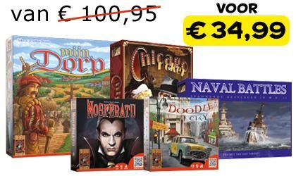 Afbeelding van 5 verschillende spellen die in het outletpakket van mei 2017 zitten.