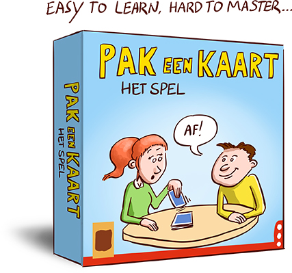 Je ziet een grappige cartoon van een speldoos met het spel pak een kaart