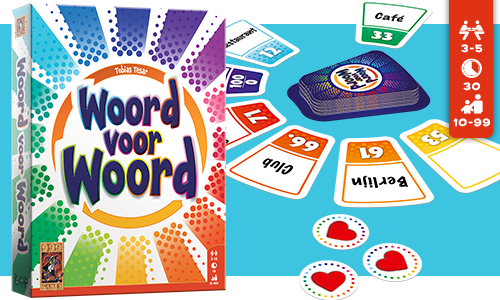 Kleurrijk woordspel Woord voor Woord met de doos en kaarten op een blauwe ondergrond, met daarop nummers en categorieën.