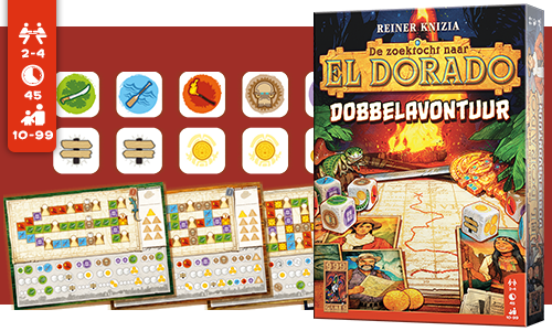 Dobbelspel De Zoektocht naar El Dorado Dobbelavontuur met de doos en spelonderdelen, waaronder dobbelstenen en kaarten, tegen een rode achtergrond.