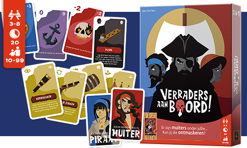 Kaartspeldoos met de titel 'Verraders aan Boord!' met piratenthema-kaarten, voorzien van symbolen zoals ankers en zwaarden. Geschikt voor 3-8 spelers, van 10 tot 99 jaar.