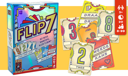 Kleurrijke kaartspeldoos met de titel 'Flip 7', met diverse genummerde en geïllustreerde kaarten ernaast, op een gele achtergrond.